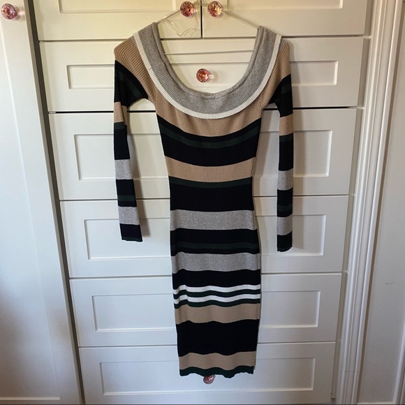 Striped Off-The-Shoulder Sleeved Dress - Picture 1 of 3